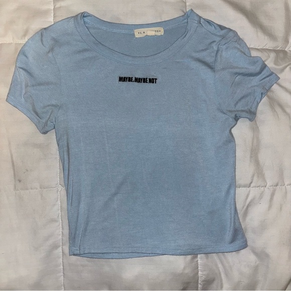 La Hearts Tops - La Hearts Light Blue Crop Top with 'MAYBE. MAYBE NOT' Embroidery